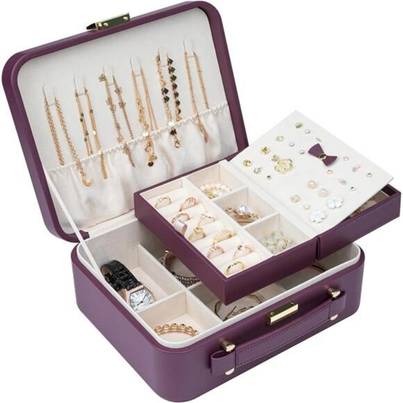 Large Travel Jewelry Box Organizer Case with Handle for Rings Earrings Necklaces - Picture 4 of 7